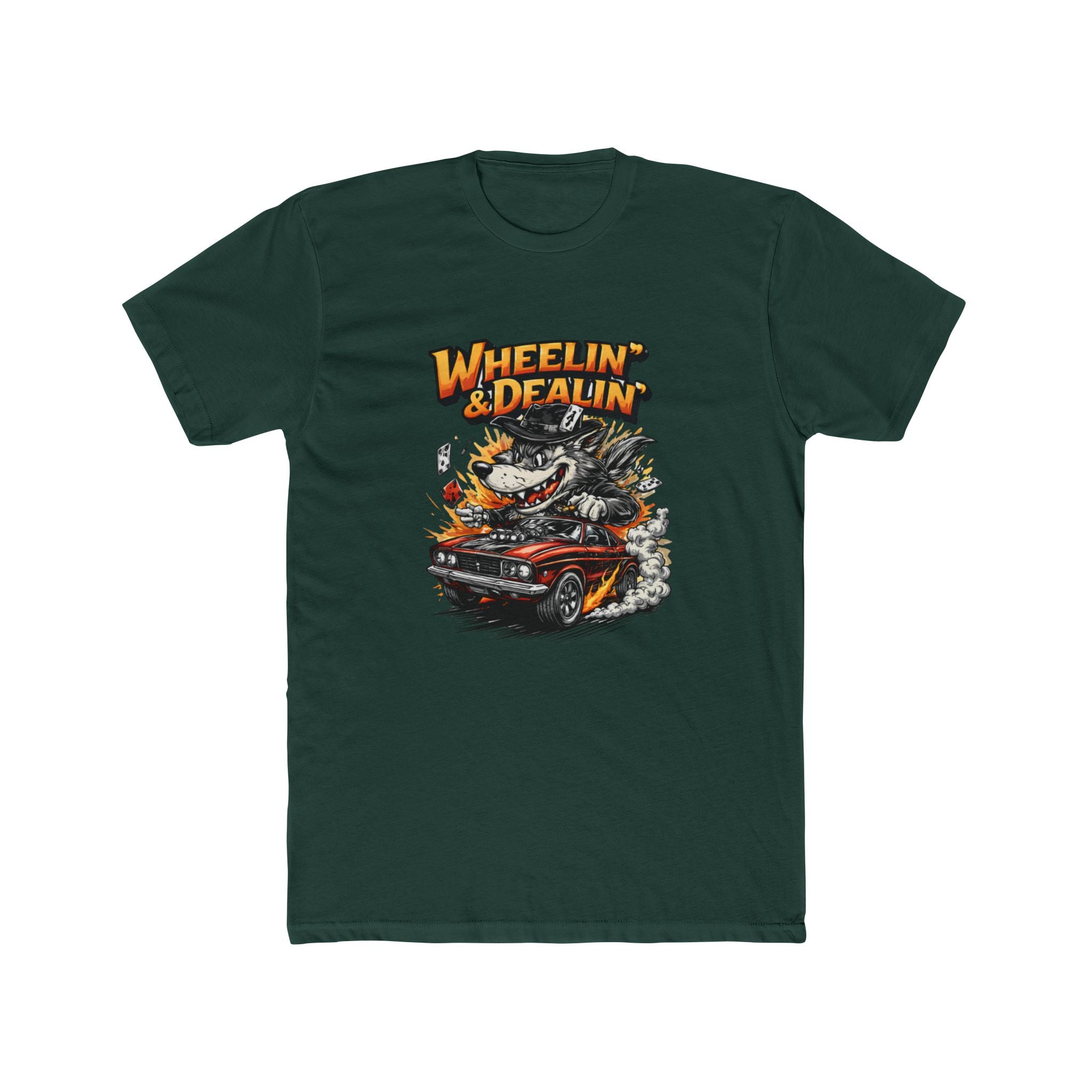 T-Shirt — "Wheelin' & Dealin'" Vintage Hot Rod Wolf Graphic Tee