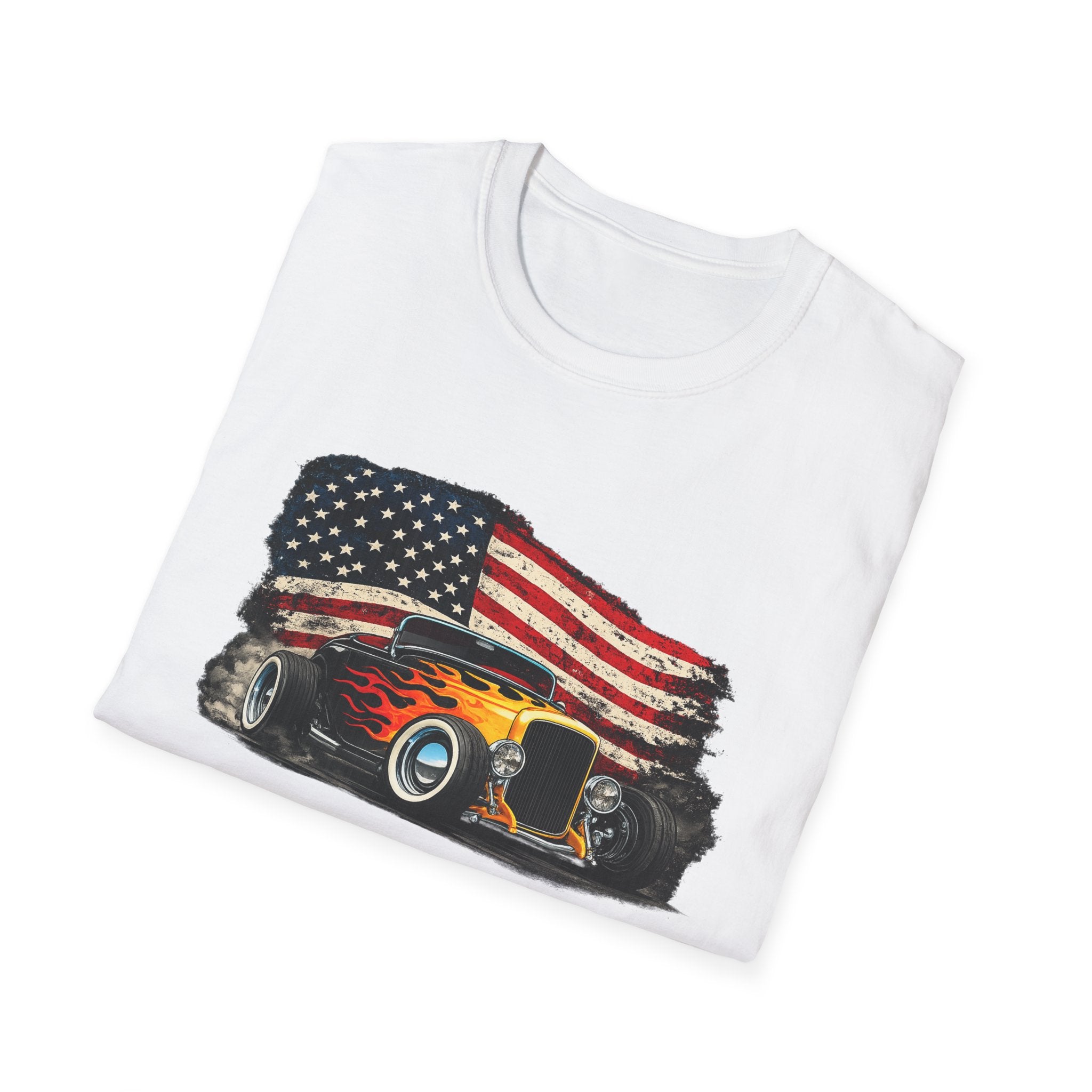American Hot Rod T-Shirt – Vintage Flag Car Graphic