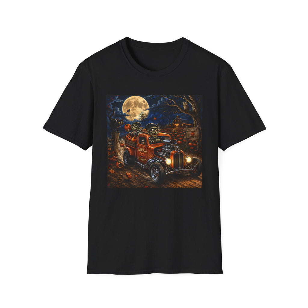 Halloween Harvest Truck T-Shirt — Creepy Pumpkin Moon Retro Tee