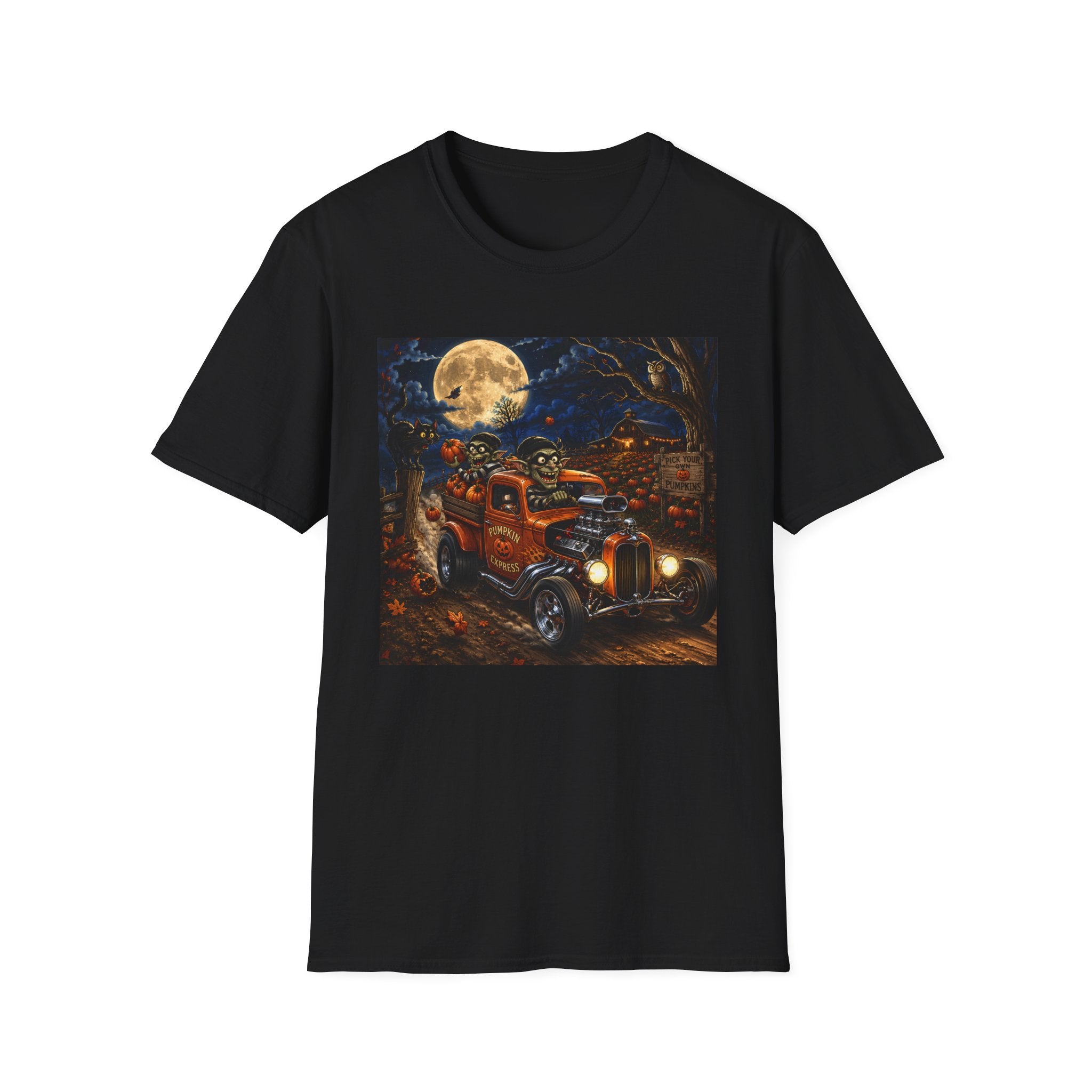Halloween Harvest Truck T-Shirt — Creepy Pumpkin Moon Retro Tee