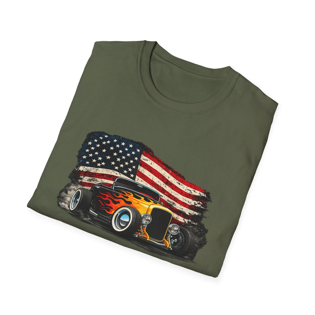 American Hot Rod T-Shirt – Vintage Flag Car Graphic