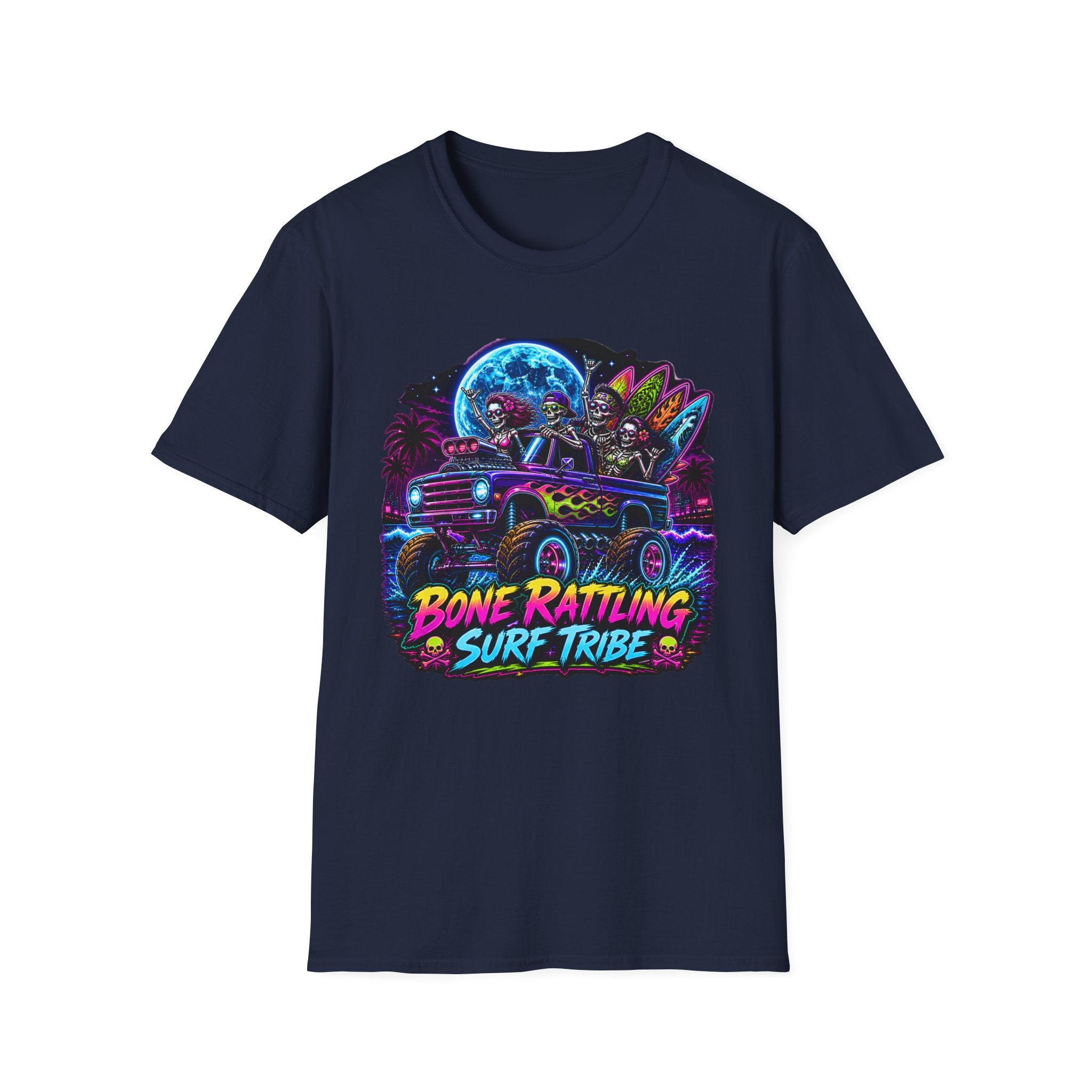 Bone Rattling Surf Tribe T-Shirt — Neon Skull Surf Van Graphic Tee