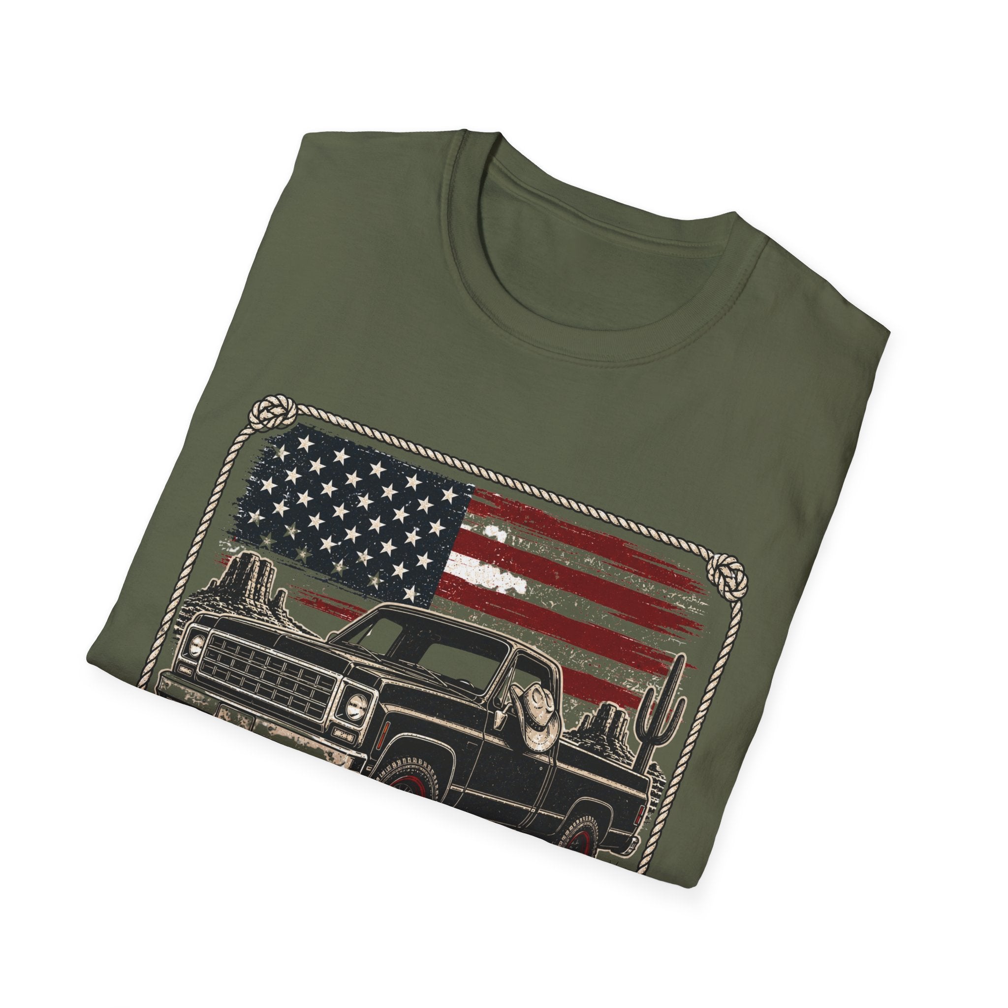 Made in America Truck T-Shirt — "Made in America. Built for the Land." Patriotic Vintage Pickup Tee