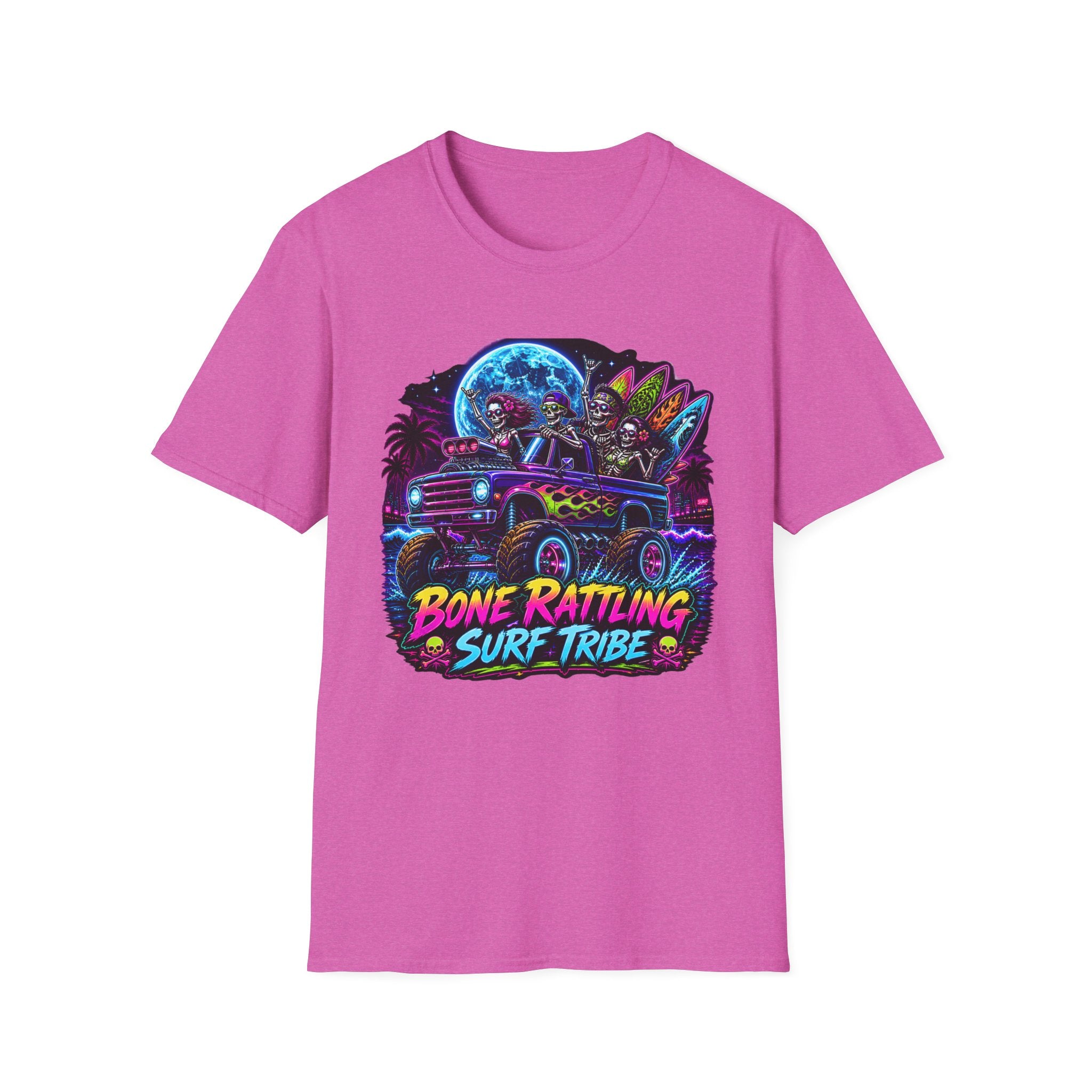 Bone Rattling Surf Tribe T-Shirt — Neon Skull Surf Van Graphic Tee