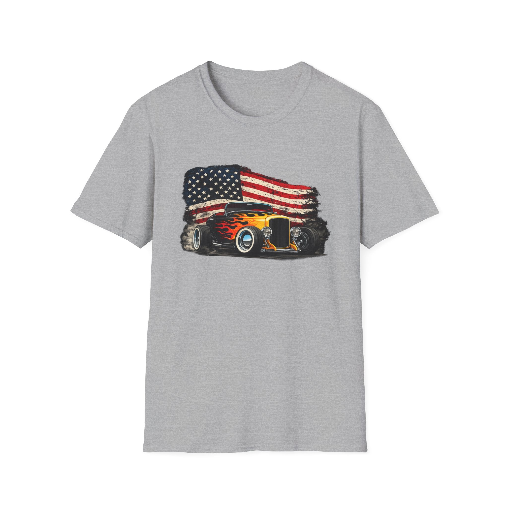 American Hot Rod T-Shirt – Vintage Flag Car Graphic