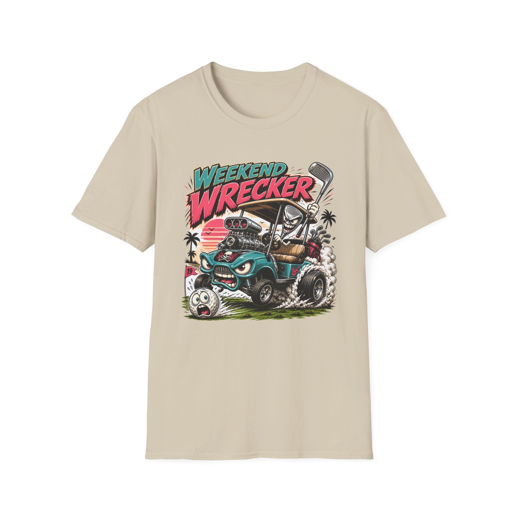 Weekend Wrecker Golf Cart T-Shirt — Retro Tropical Driving Club Tee