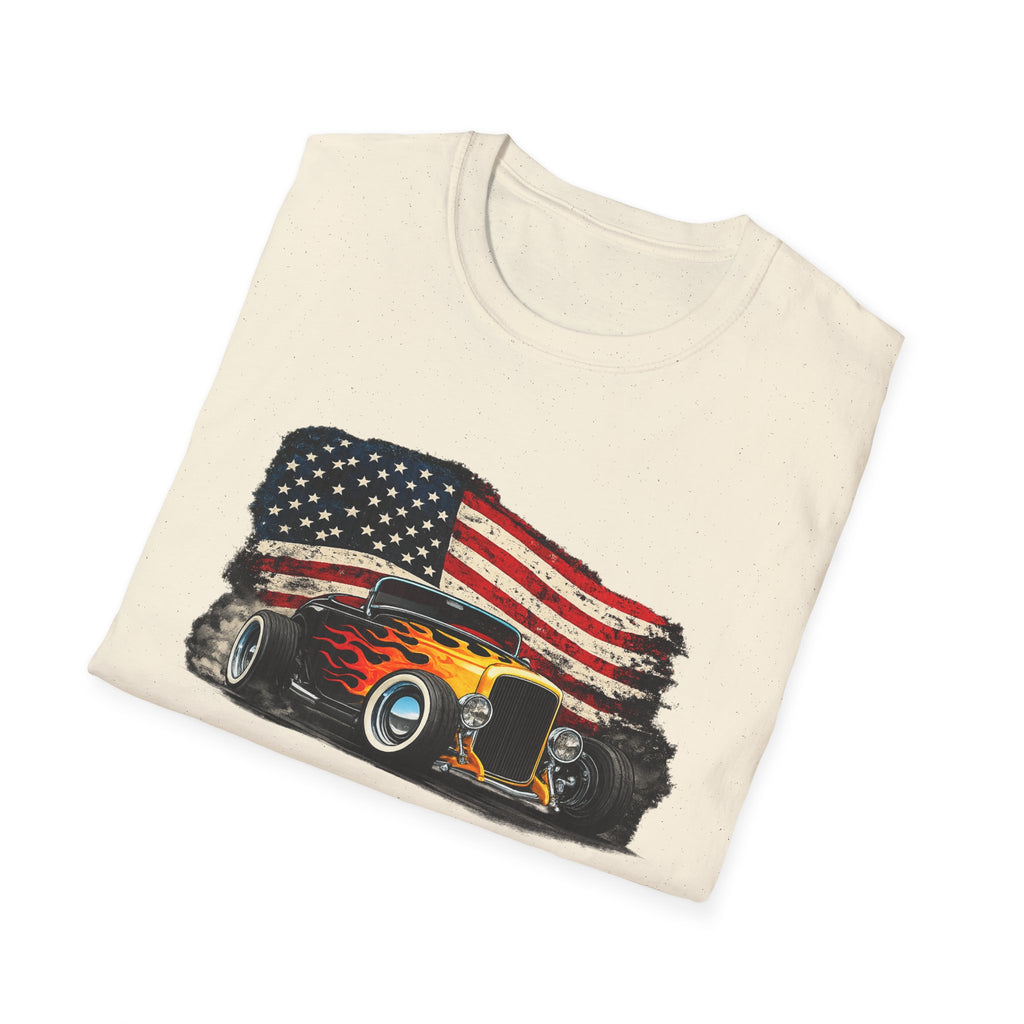 American Hot Rod T-Shirt – Vintage Flag Car Graphic