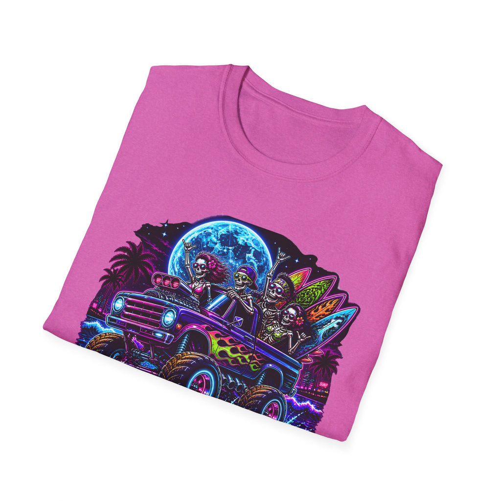 Bone Rattling Surf Tribe T-Shirt — Neon Skull Surf Van Graphic Tee