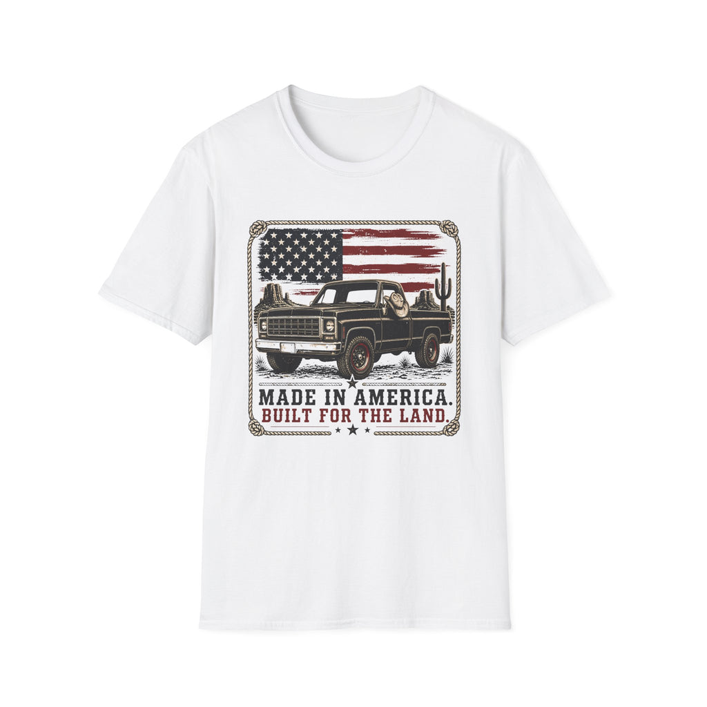 Made in America Truck T-Shirt — "Made in America. Built for the Land." Patriotic Vintage Pickup Tee