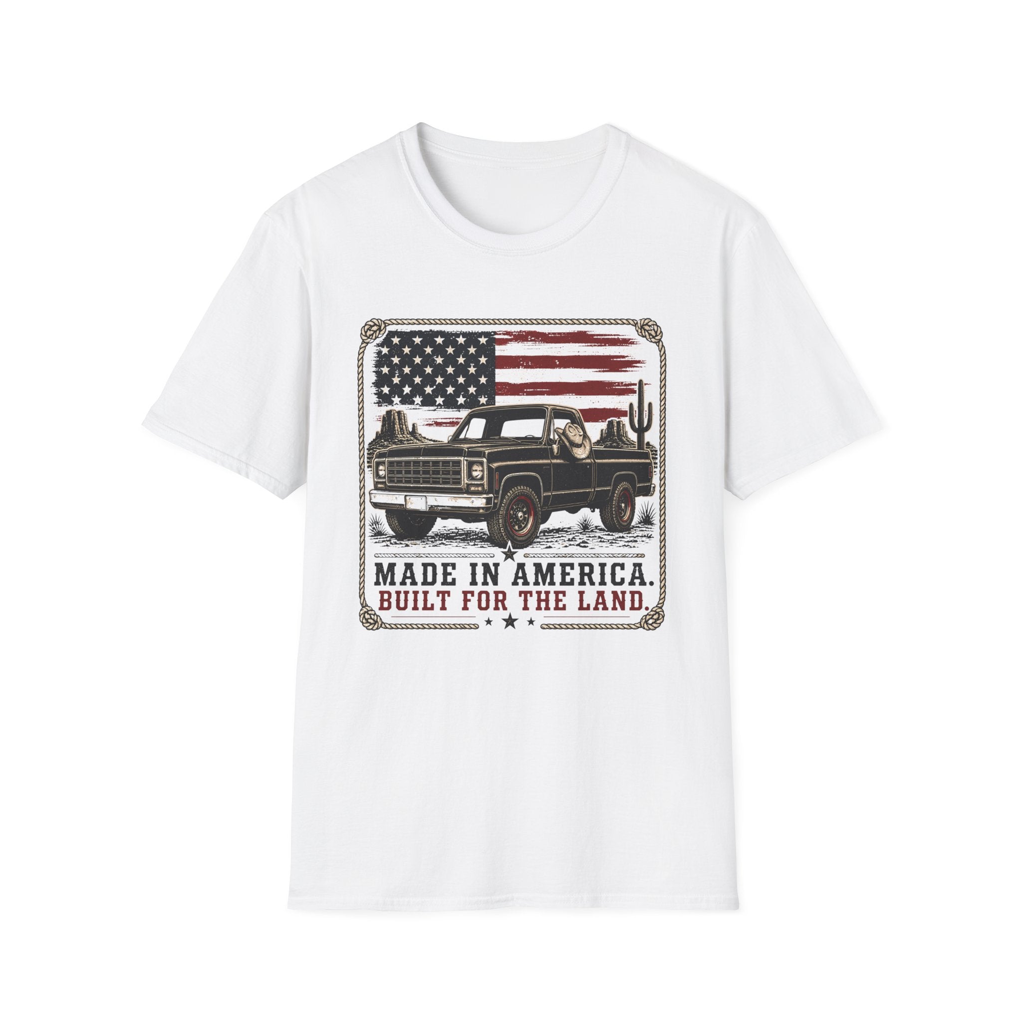 Made in America Truck T-Shirt — "Made in America. Built for the Land." Patriotic Vintage Pickup Tee