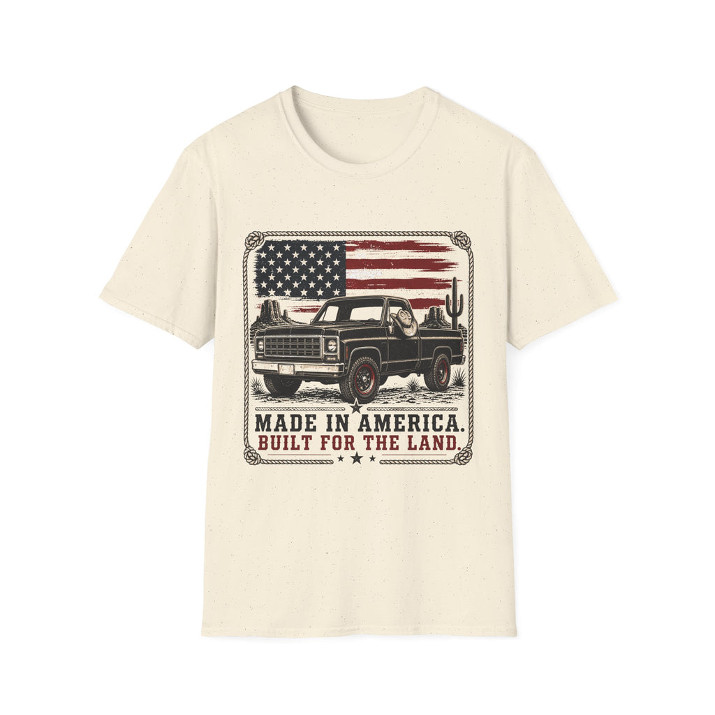 Made in America Truck T-Shirt — "Made in America. Built for the Land." Patriotic Vintage Pickup Tee