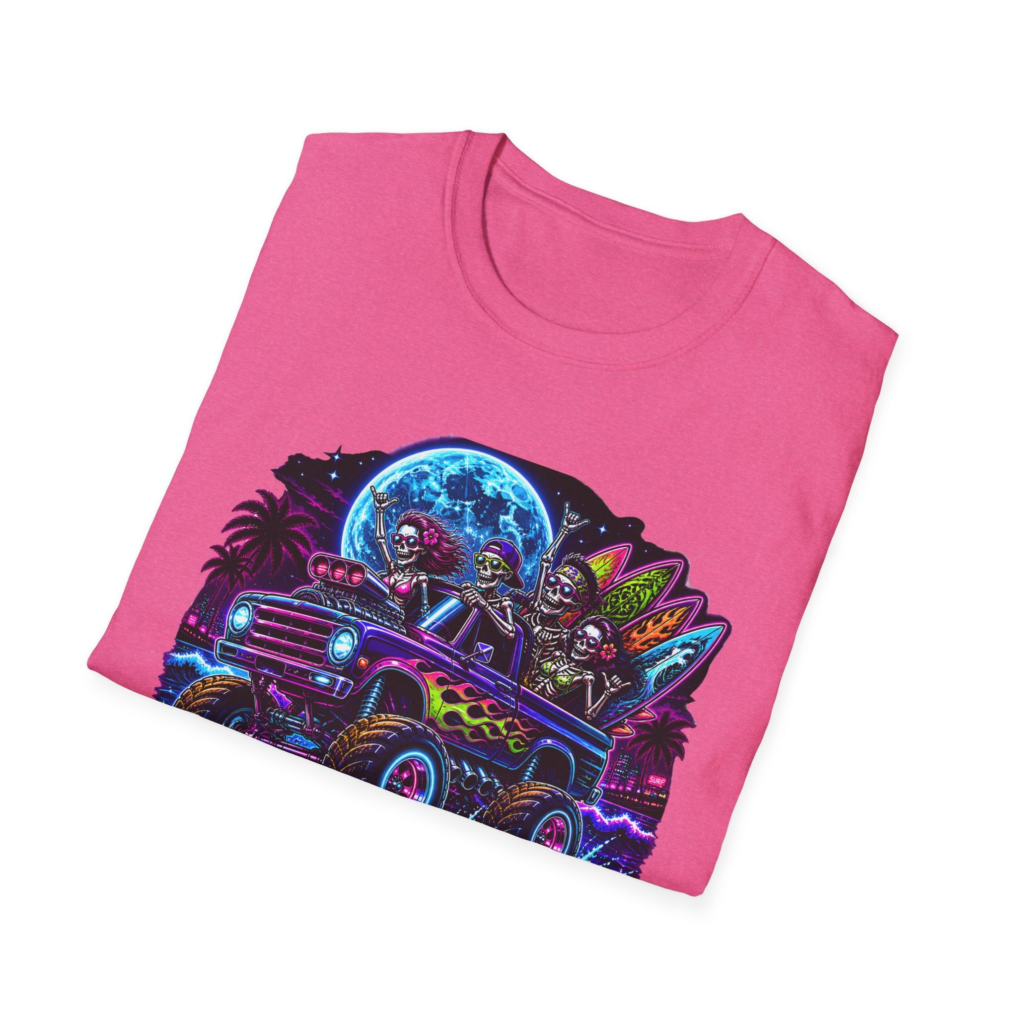Bone Rattling Surf Tribe T-Shirt — Neon Skull Surf Van Graphic Tee