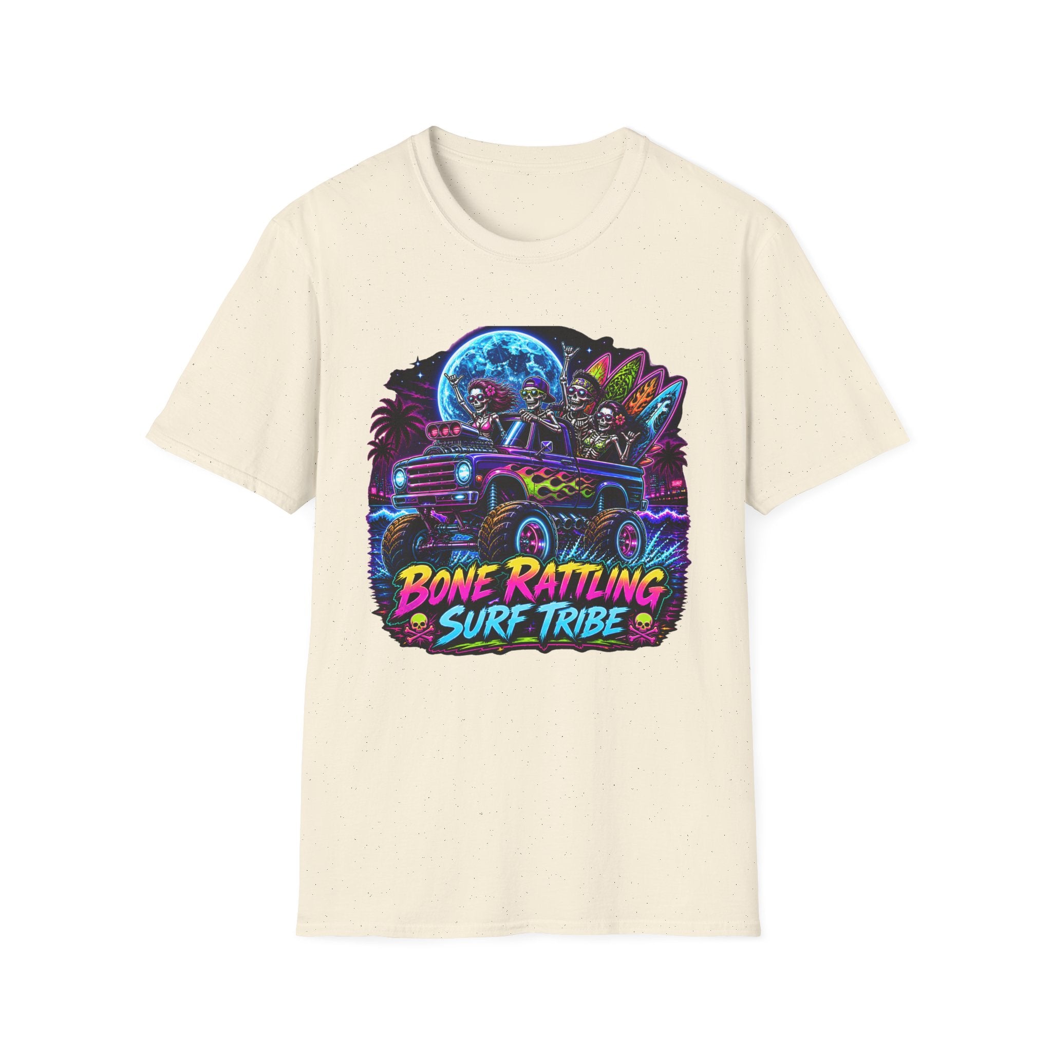 Bone Rattling Surf Tribe T-Shirt — Neon Skull Surf Van Graphic Tee