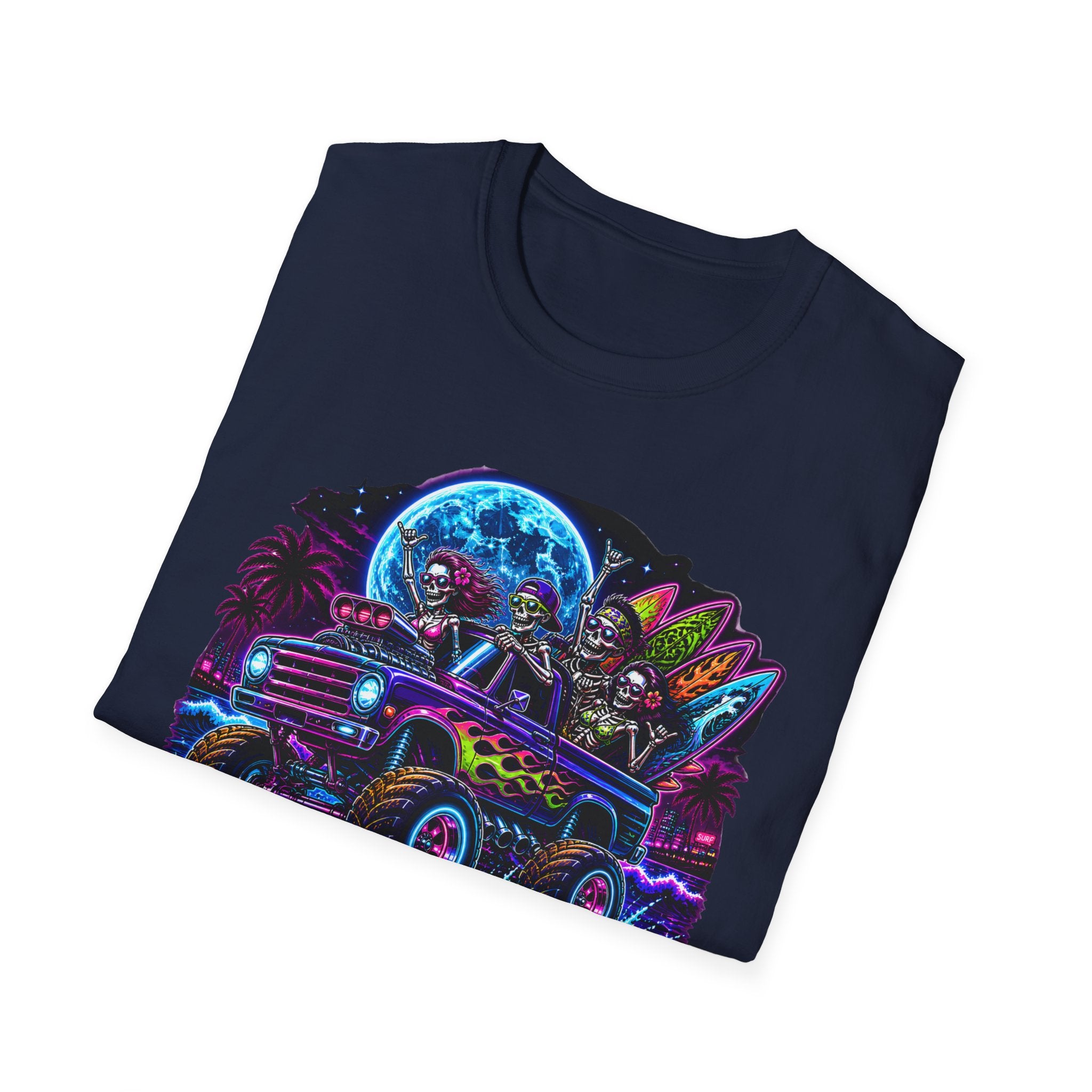 Bone Rattling Surf Tribe T-Shirt — Neon Skull Surf Van Graphic Tee