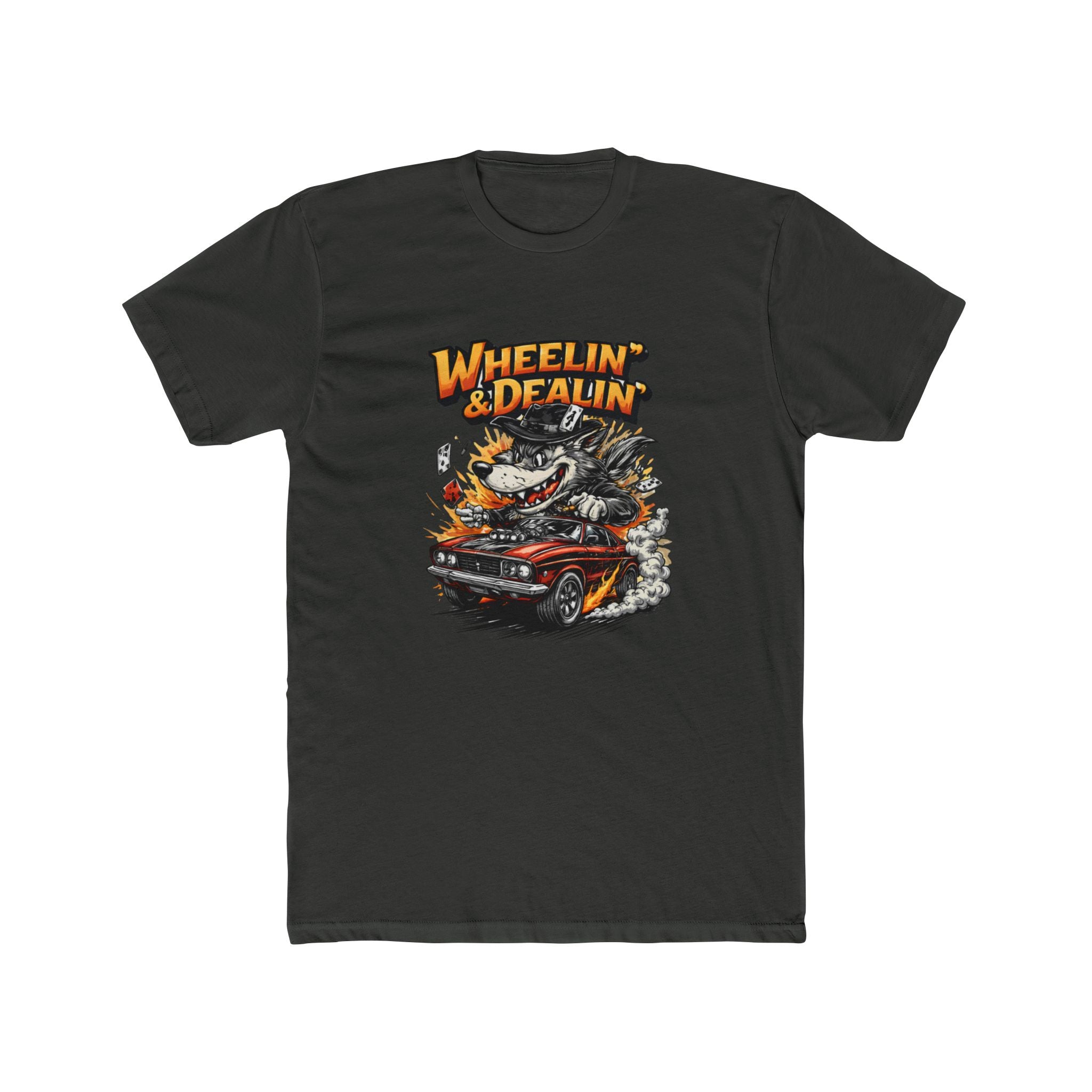 T-Shirt — "Wheelin' & Dealin'" Vintage Hot Rod Wolf Graphic Tee