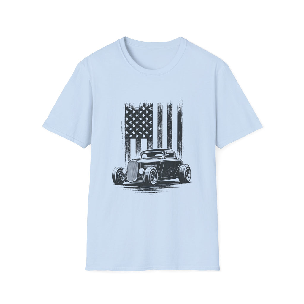 Classic Hot Rod T-Shirt with Distressed American Flag