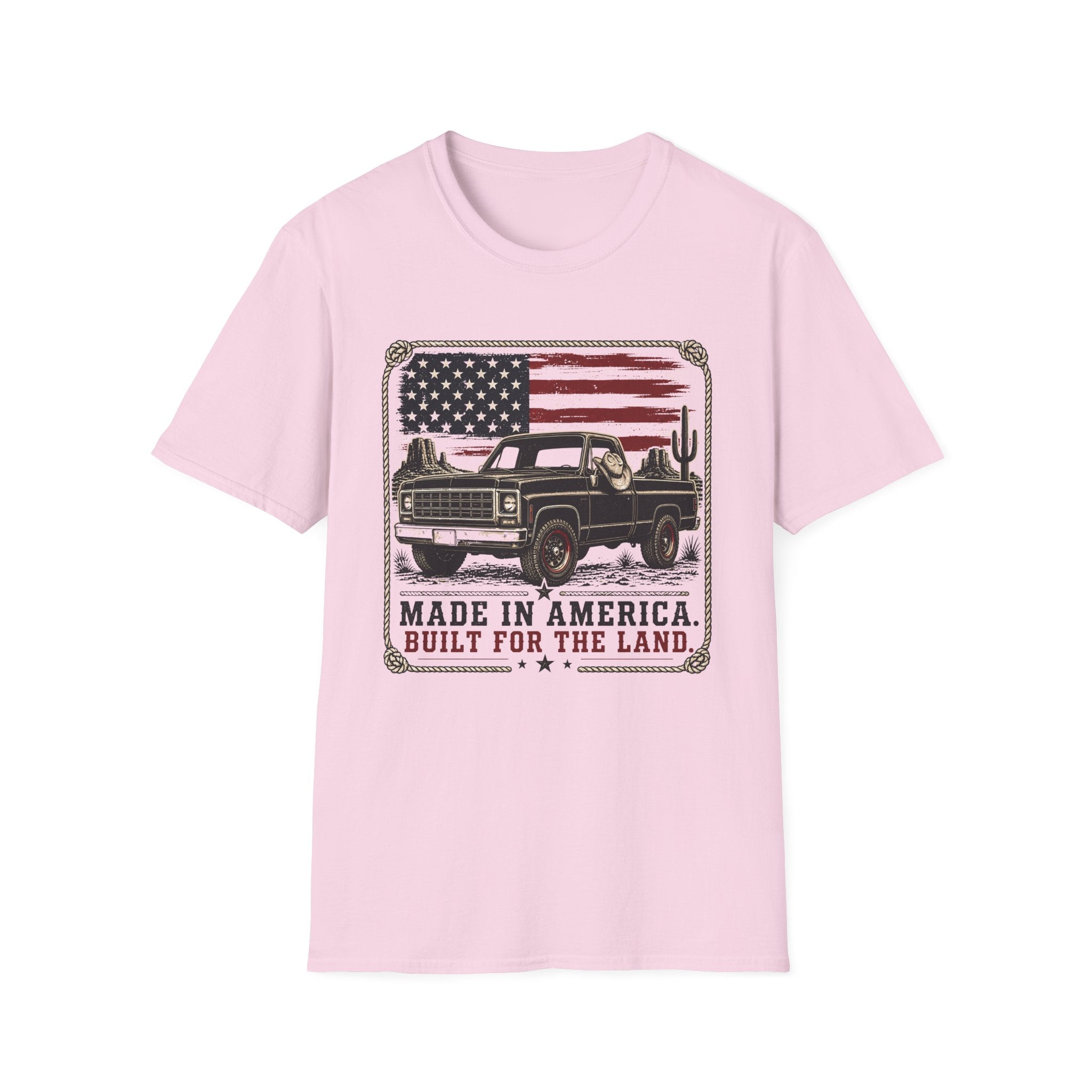 Made in America Truck T-Shirt — "Made in America. Built for the Land." Patriotic Vintage Pickup Tee
