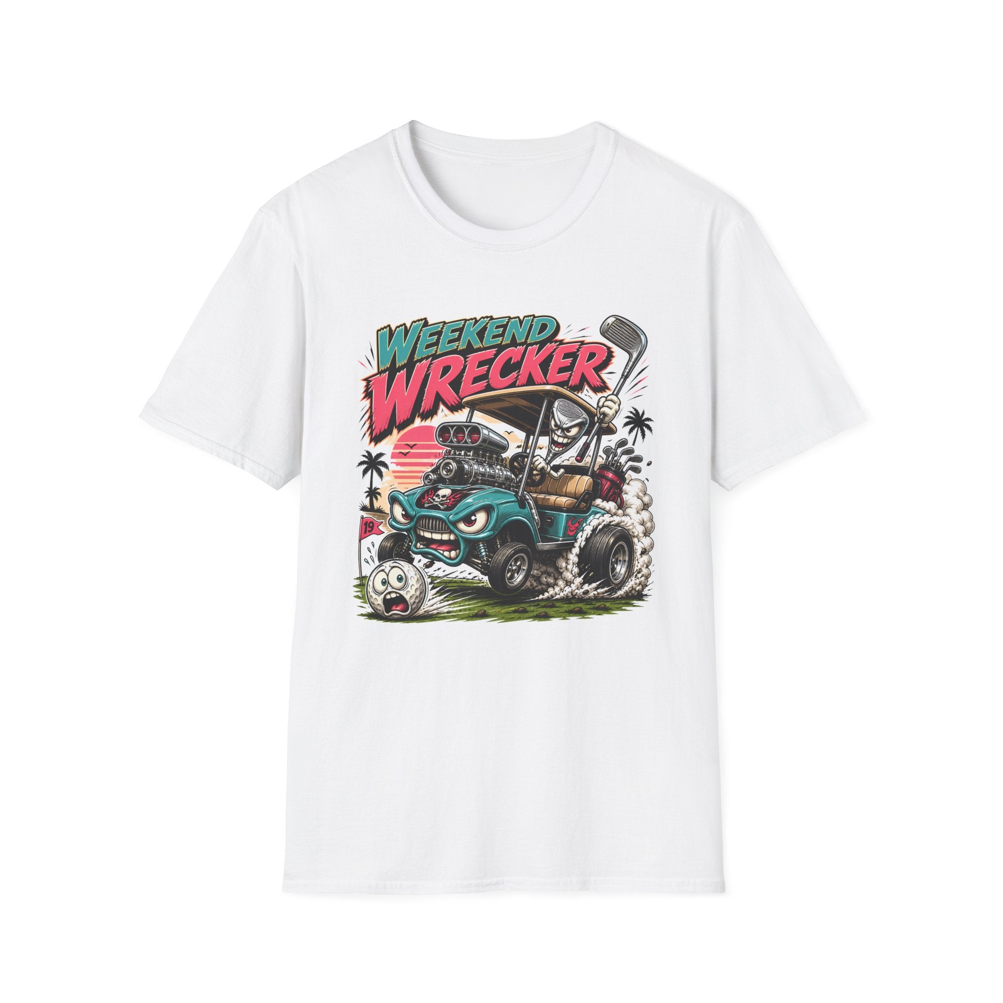 Weekend Wrecker Golf Cart T-Shirt — Retro Tropical Driving Club Tee