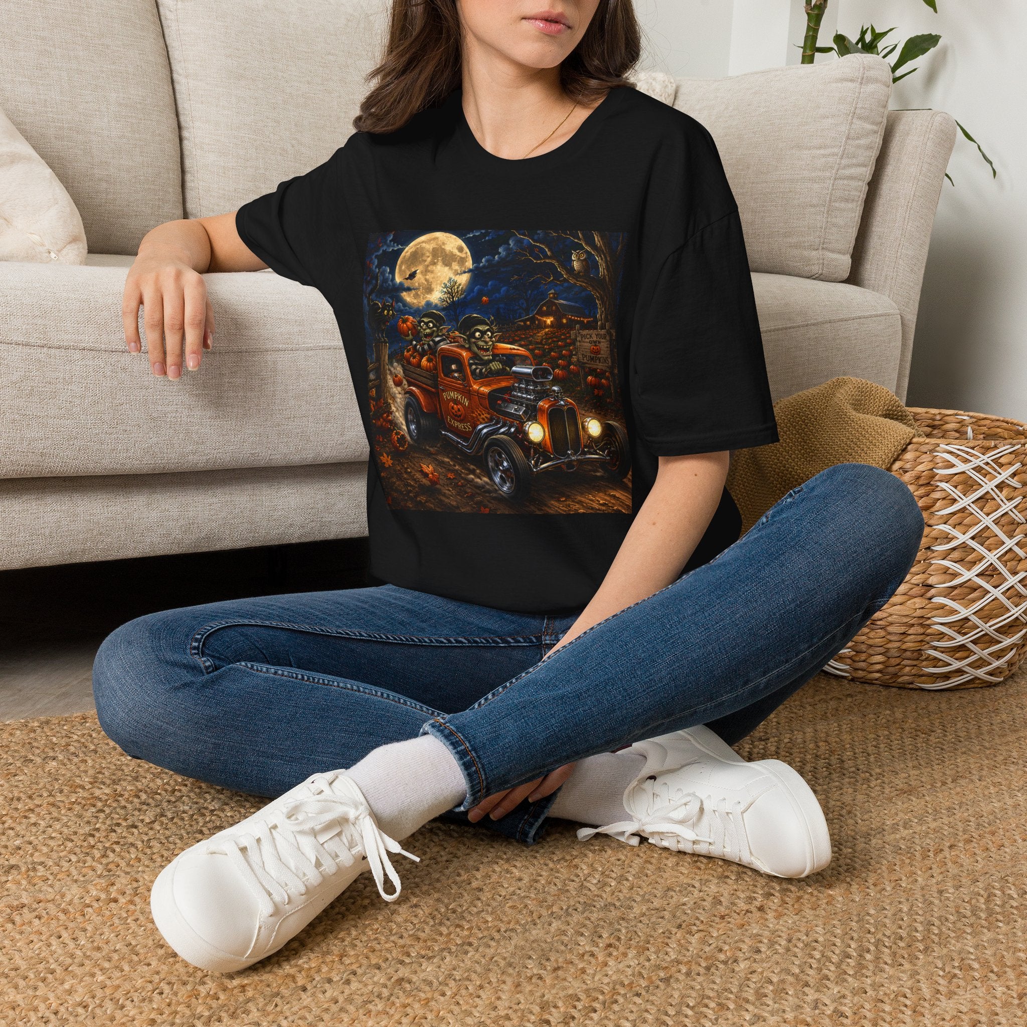 Halloween Harvest Truck T-Shirt — Creepy Pumpkin Moon Retro Tee