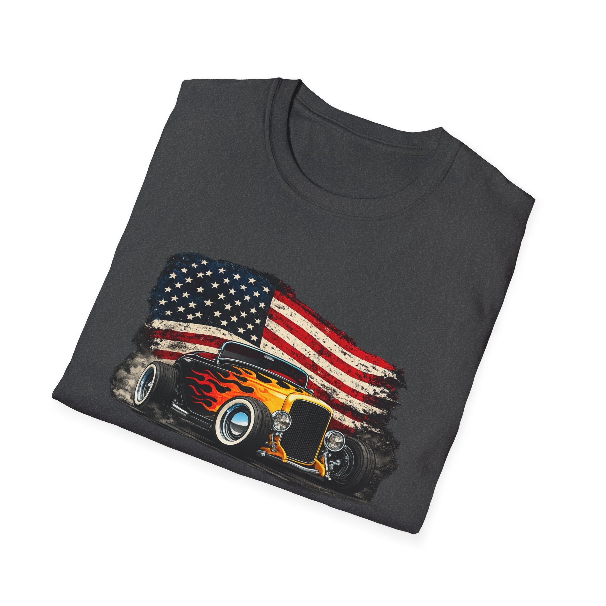 American Hot Rod T-Shirt – Vintage Flag Car Graphic