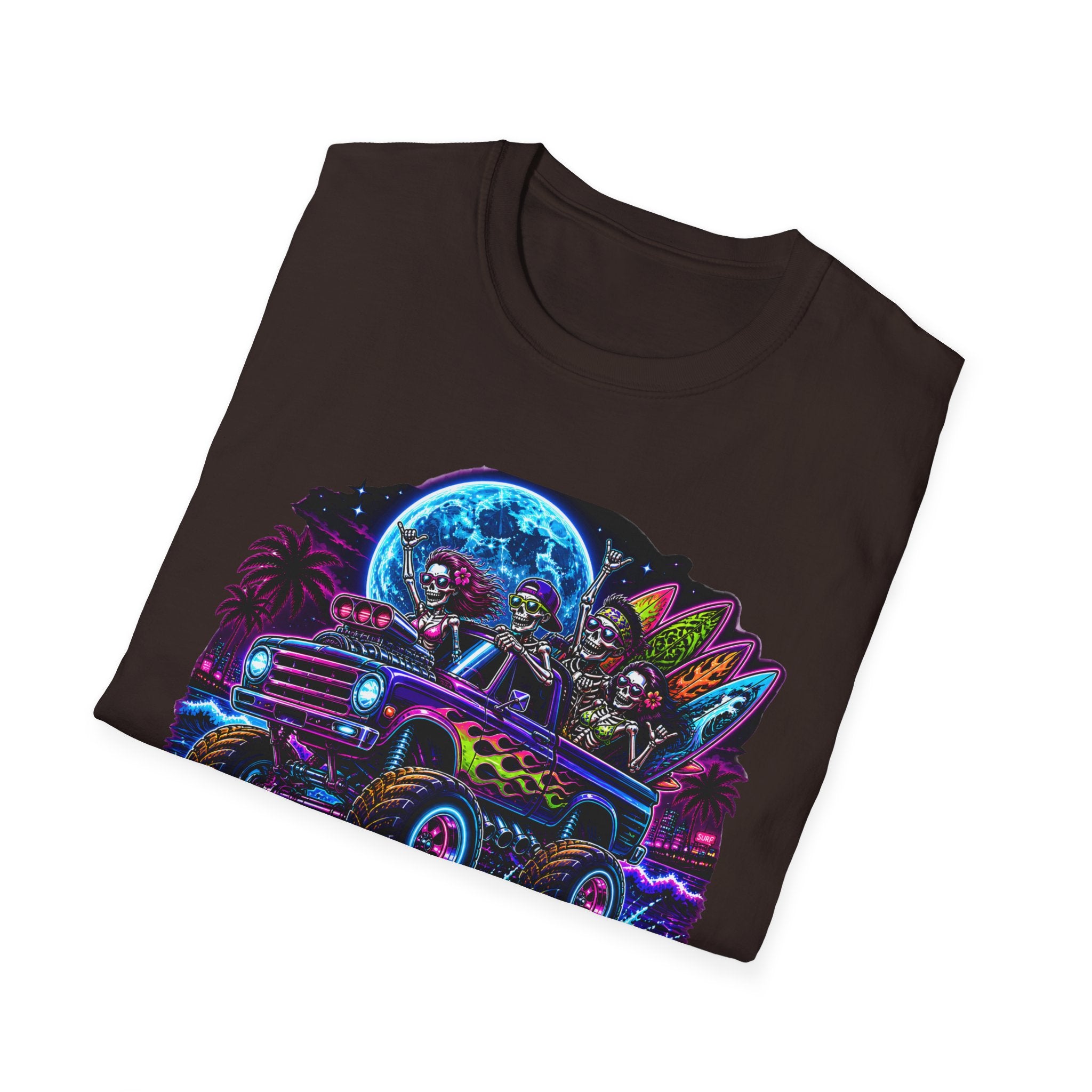 Bone Rattling Surf Tribe T-Shirt — Neon Skull Surf Van Graphic Tee