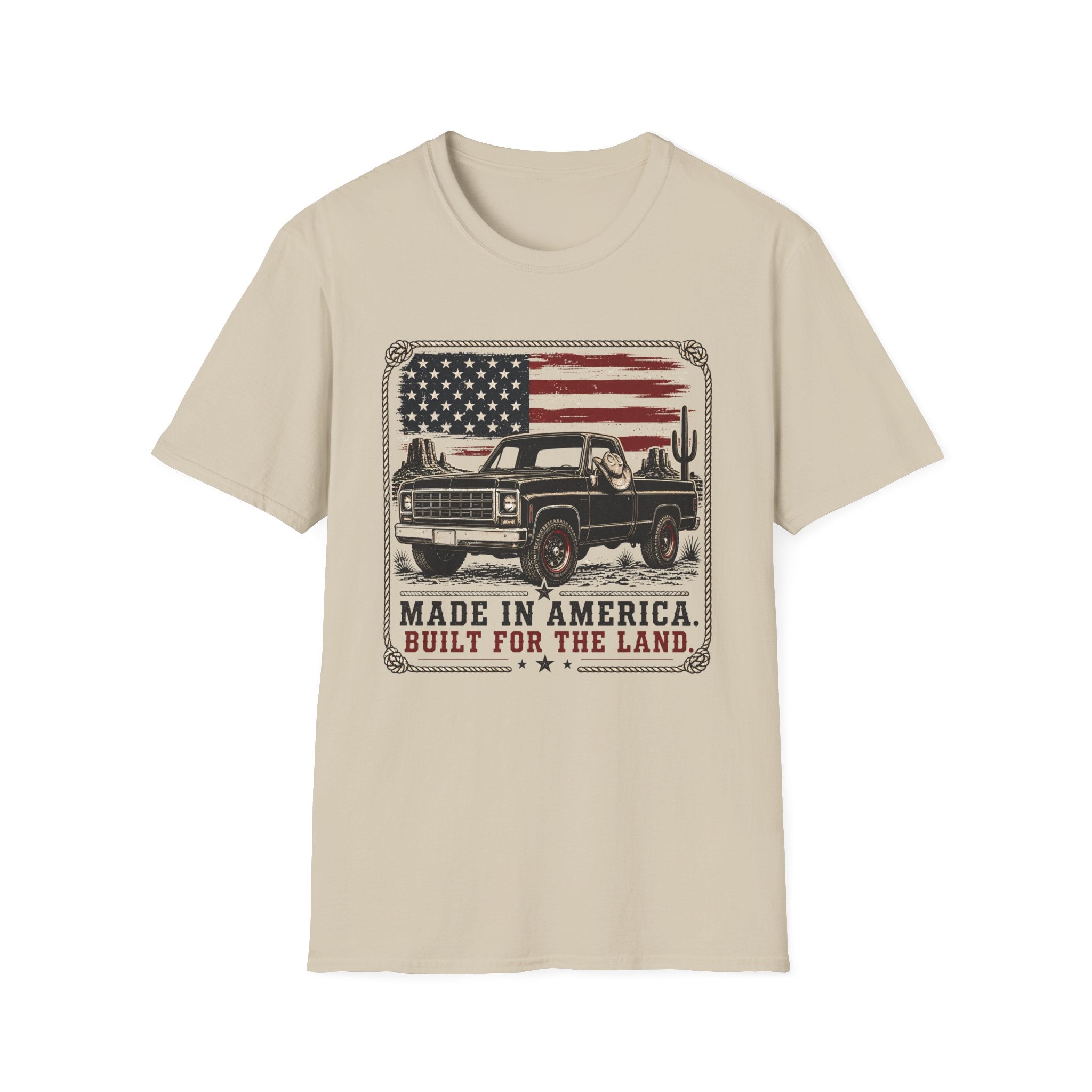 Made in America Truck T-Shirt — "Made in America. Built for the Land." Patriotic Vintage Pickup Tee