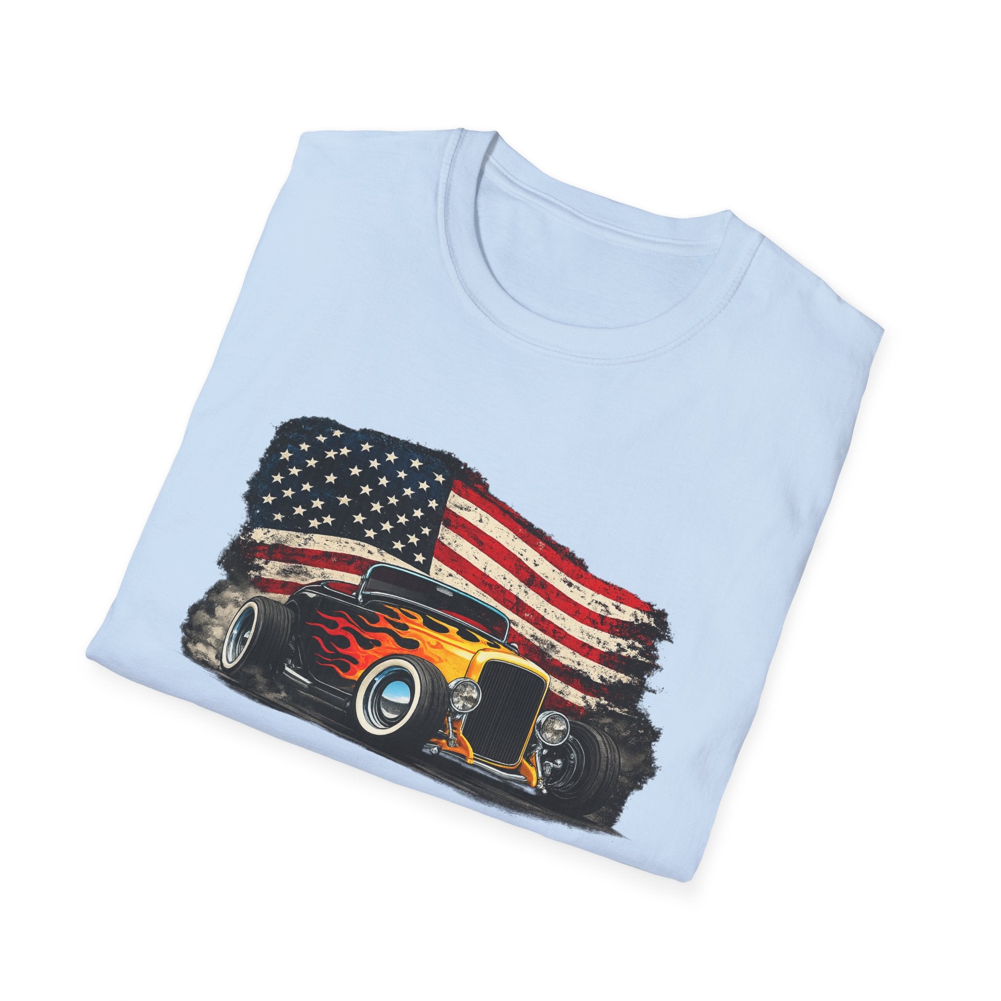 American Hot Rod T-Shirt – Vintage Flag Car Graphic